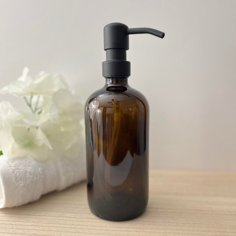 SET OF 2: 16 OZ. GLASS SOAP DISPENSER W/ METAL PUMP (AMBER/BLACK)